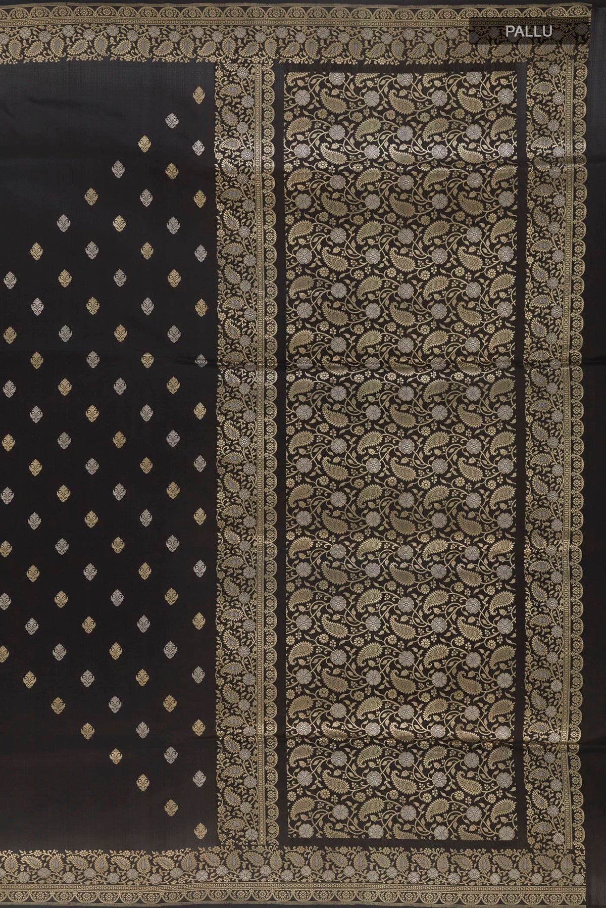 Close up image of the pallu of Pure Silk Black Banarasi Saree with Plain Body and Zari Border. 