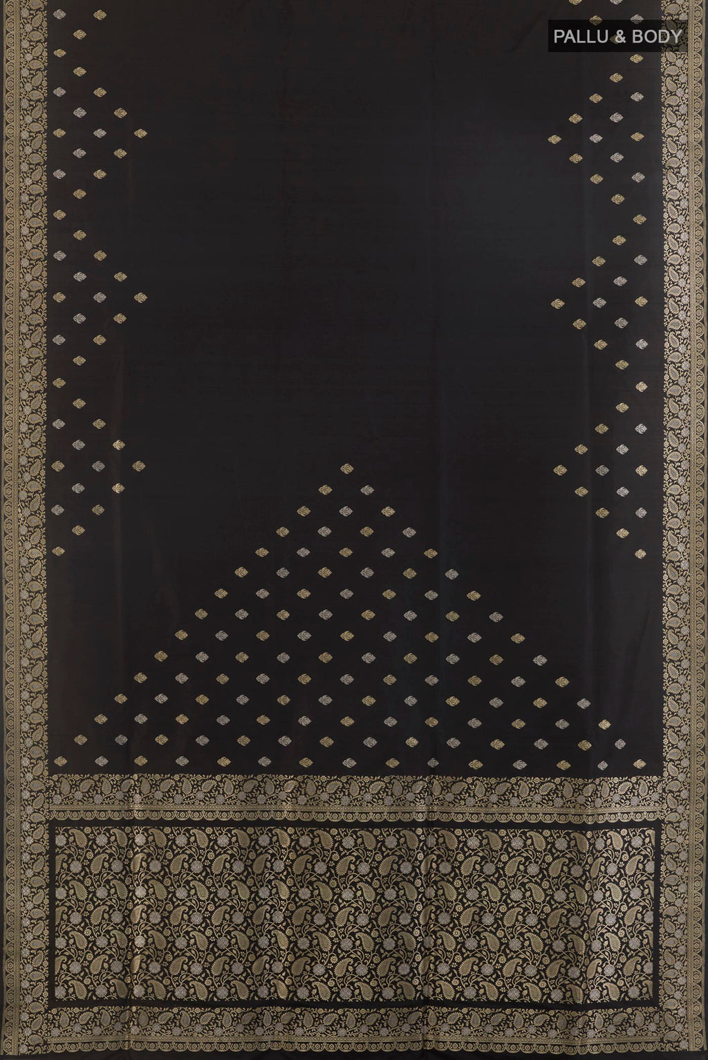 Flat view of Pure Silk Black Banarasi Saree with Plain Body and Zari Border. 