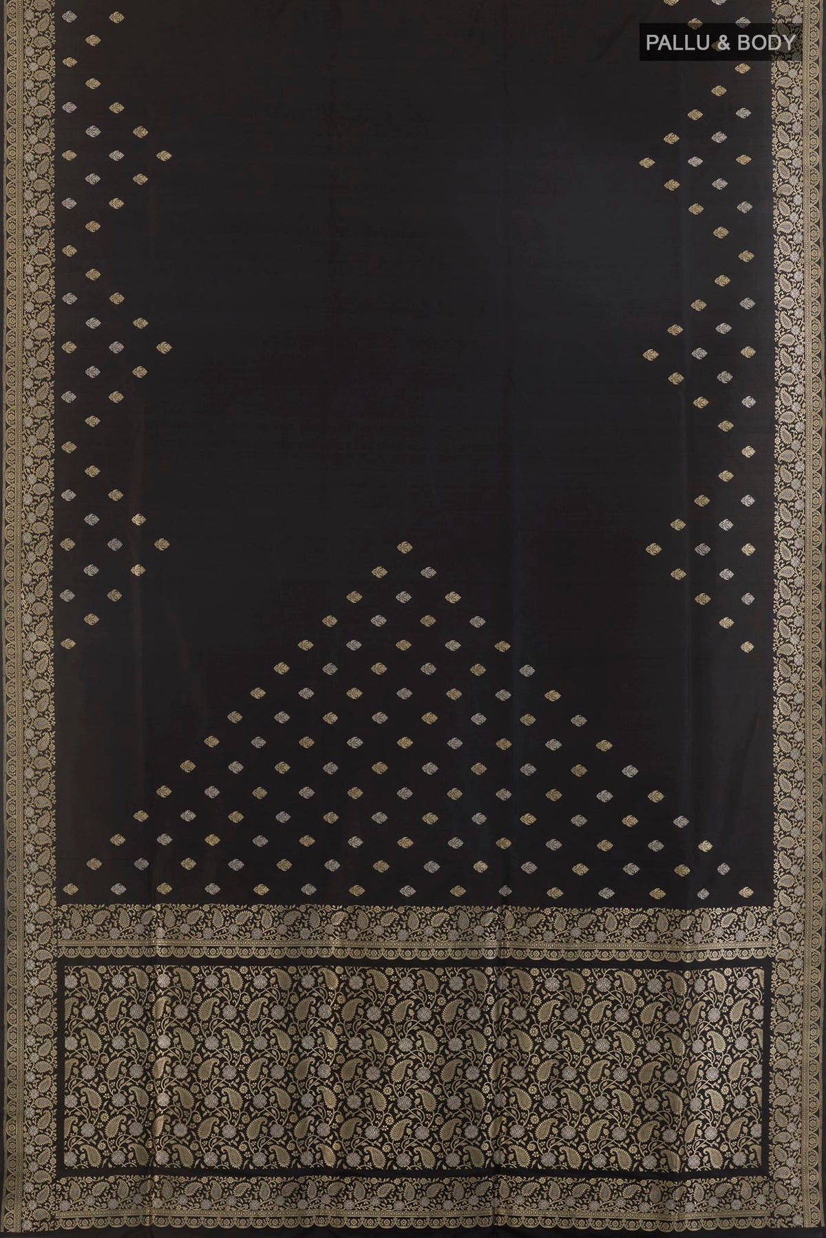 Flat view of Pure Silk Black Banarasi Saree with Plain Body and Zari Border. 