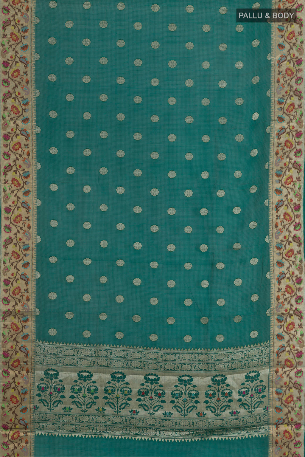 Flat view of Pure Silk Green Banarasi Kota Saree with Zari Butta on the body and Zari Border. 