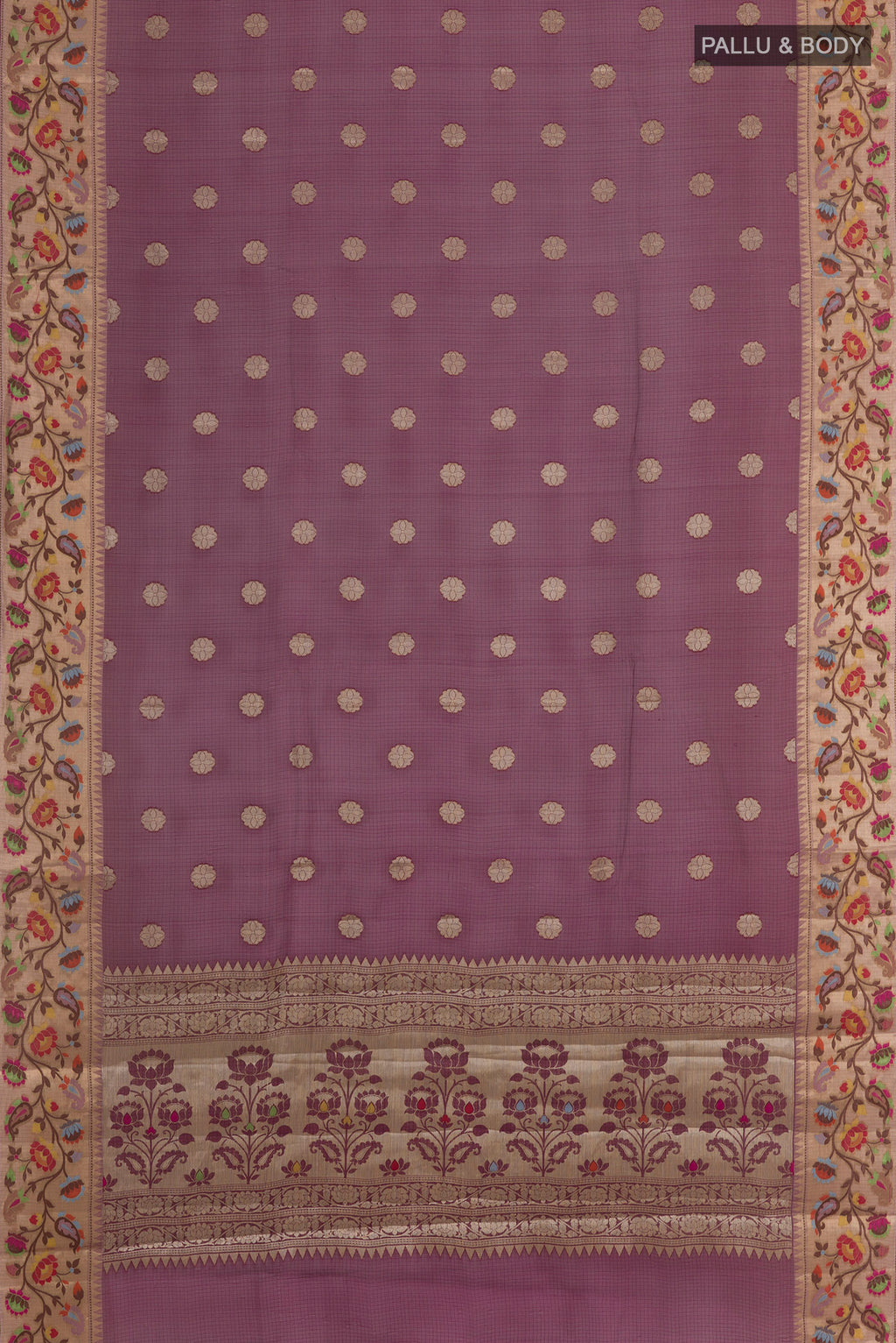 Flat view of Pure Silk Burgundy Banarasi Kora Saree with Zari Butta on the body and Zari Border. 