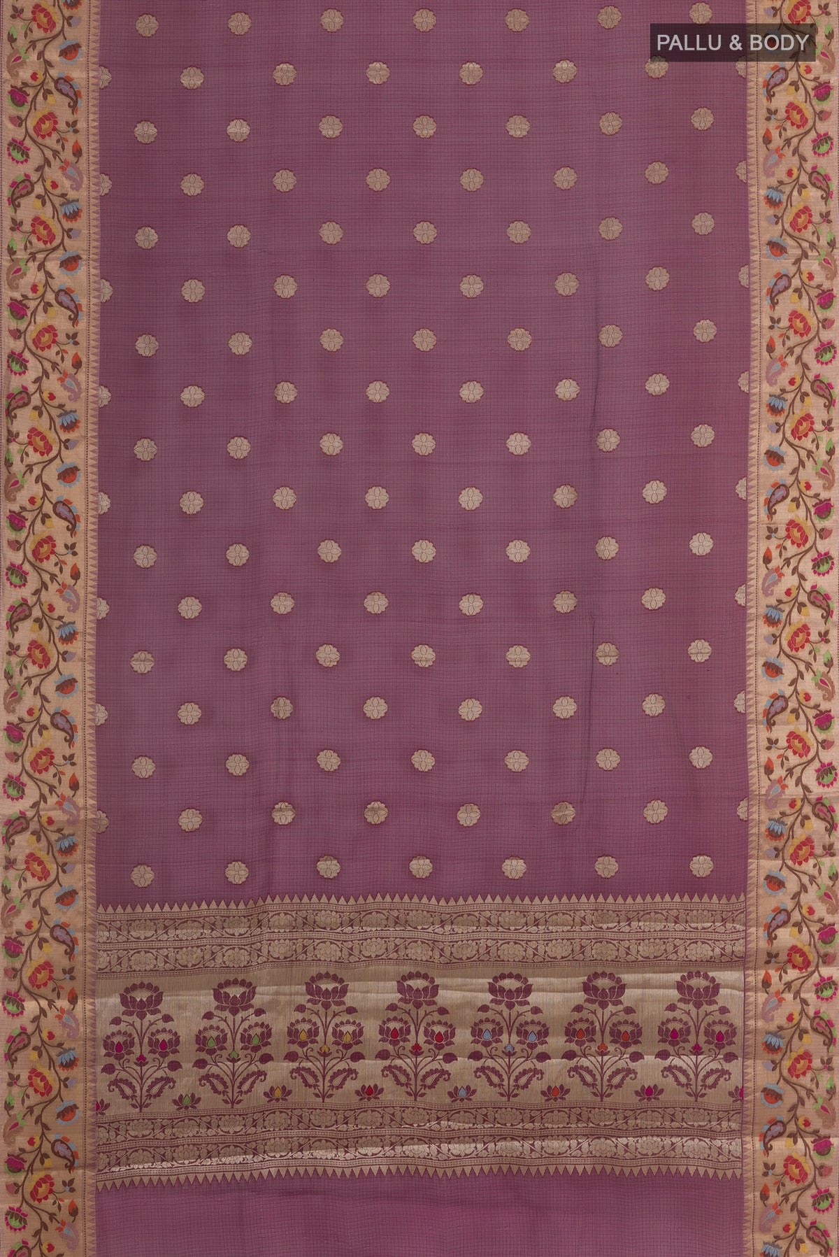 Flat view of Pure Silk Burgundy Banarasi Kora Saree with Zari Butta on the body and Zari Border. 