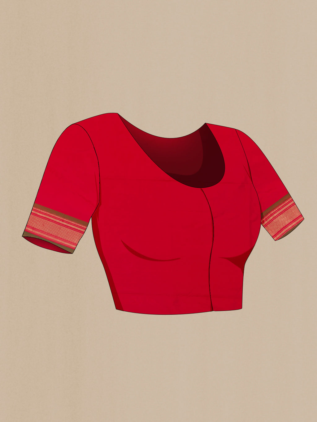 Close up image of the blouse of Pure Silk Red Paithani Saree with Zari Butta on the body and Zari Border. 