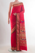 Pure Silk Red Paithani Saree with Zari Butta on the body and Zari Border.  displayed on a mannequin