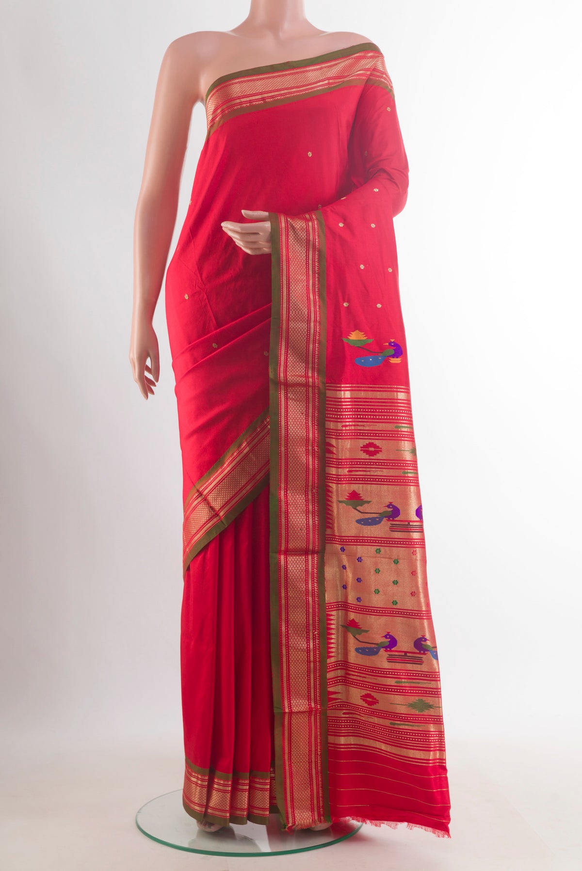 Pure Silk Red Paithani Saree with Zari Butta on the body and Zari Border.  displayed on a mannequin