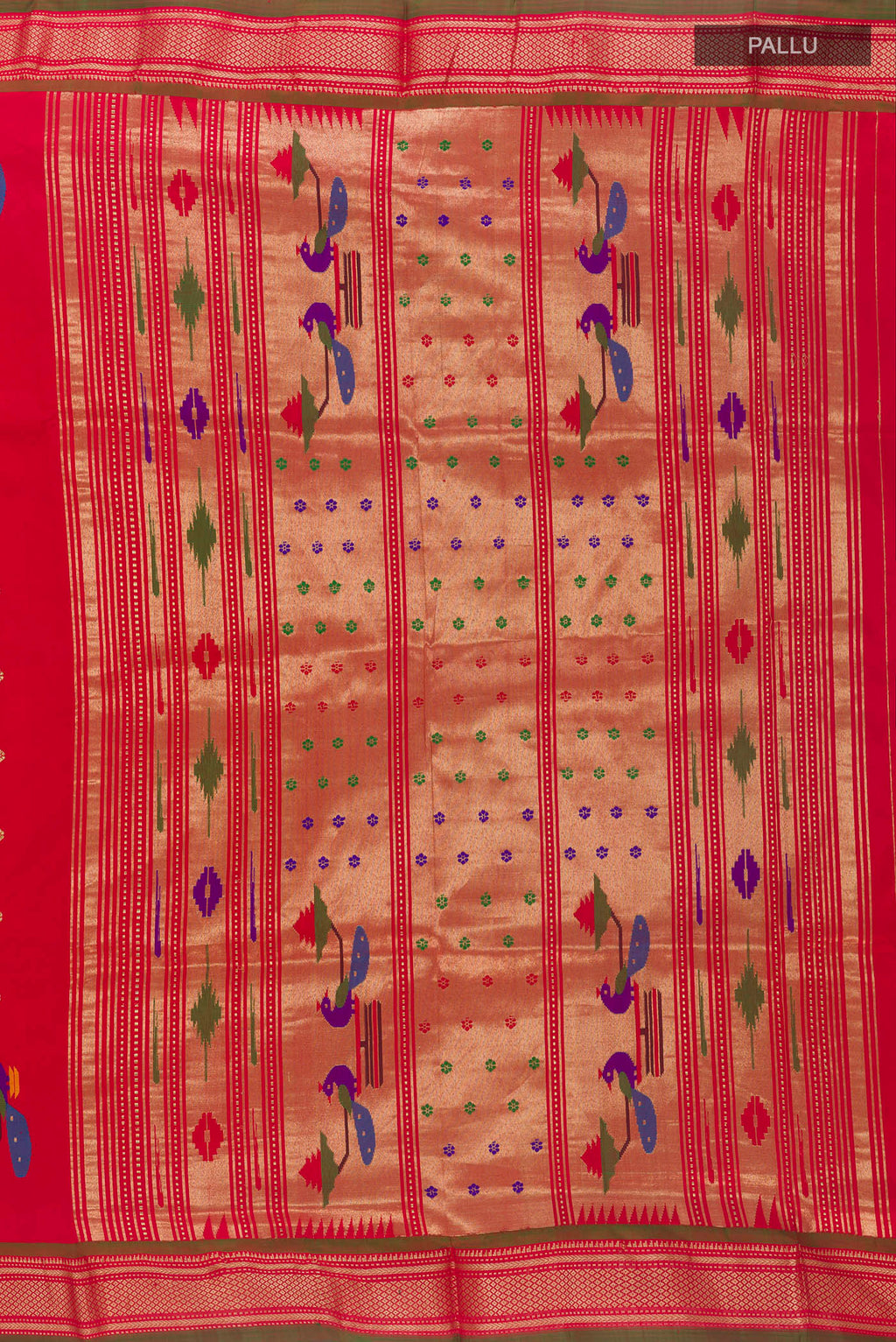 Close up image of the pallu of Pure Silk Red Paithani Saree with Zari Butta on the body and Zari Border. 