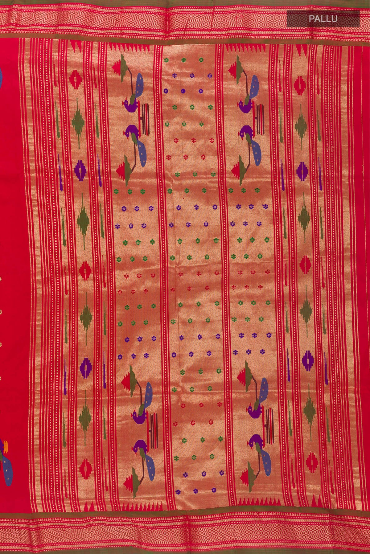 Close up image of the pallu of Pure Silk Red Paithani Saree with Zari Butta on the body and Zari Border. 