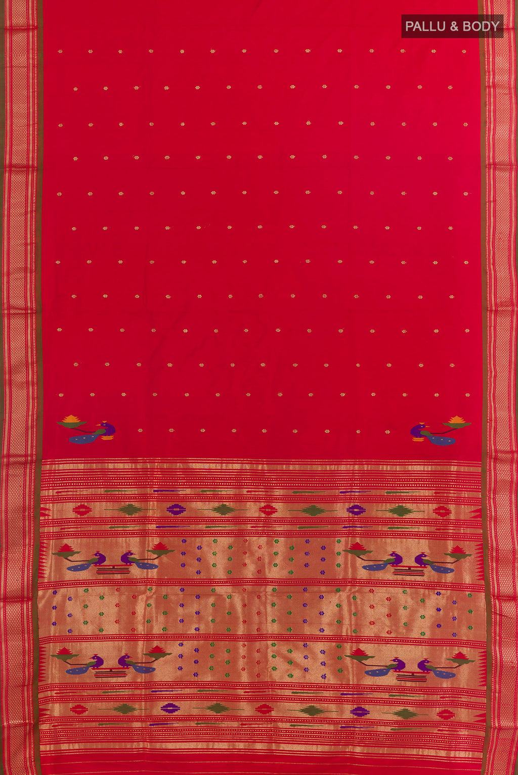 Flat view of Pure Silk Red Paithani Saree with Zari Butta on the body and Zari Border. 