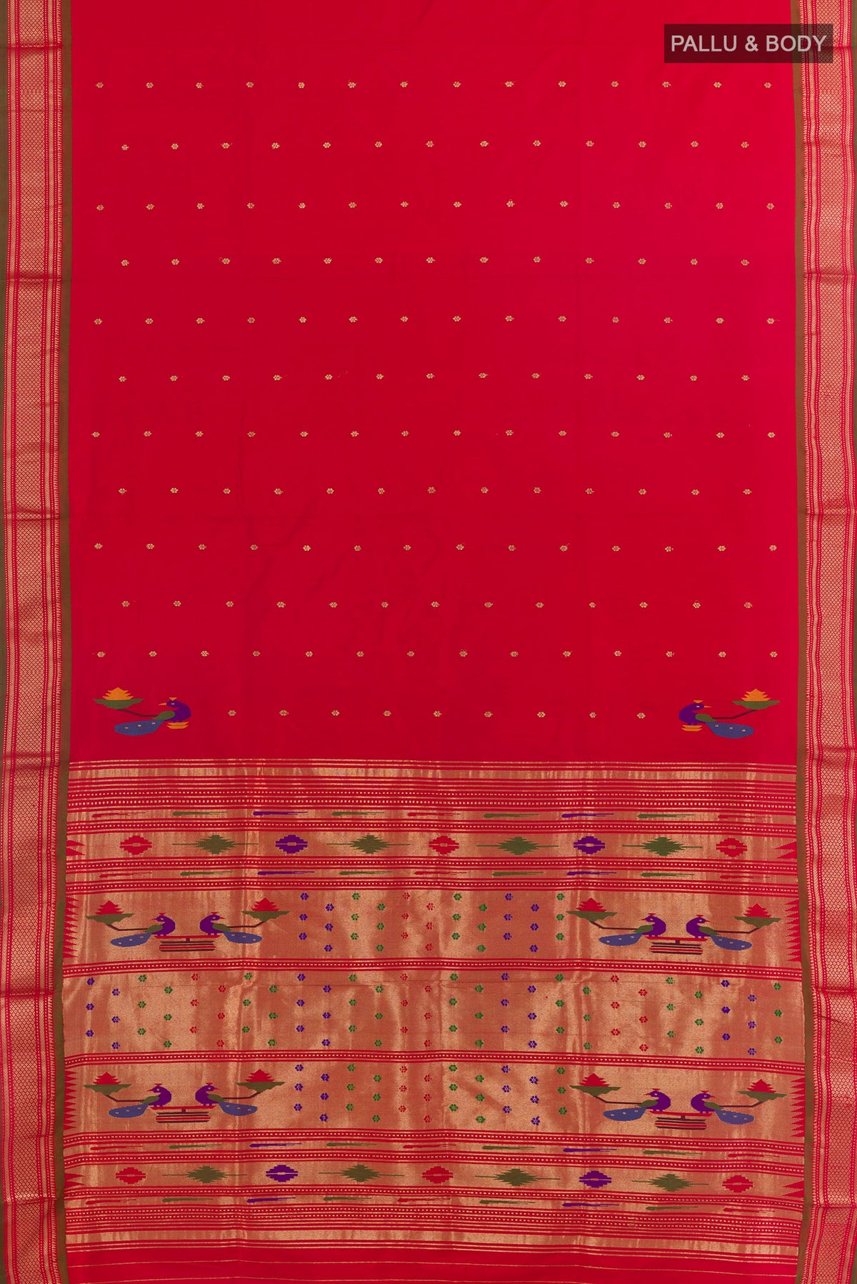 Flat view of Pure Silk Red Paithani Saree with Zari Butta on the body and Zari Border. 
