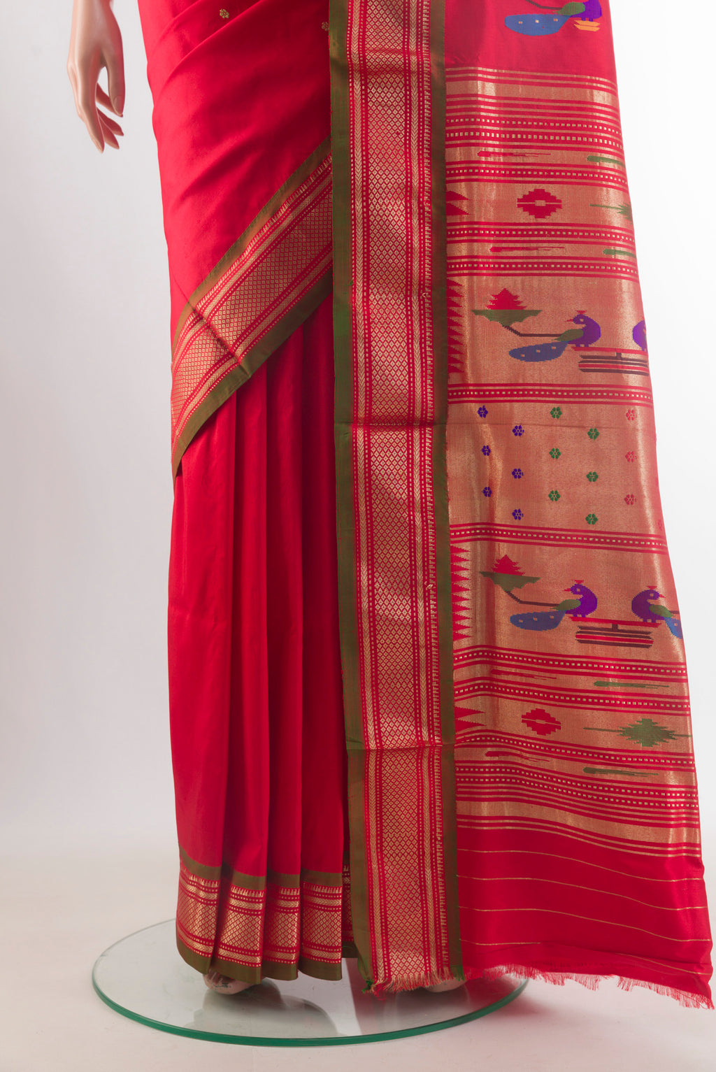 Pleats and pallu of Pure Silk Red Paithani Saree with Zari Butta on the body and Zari Border. 