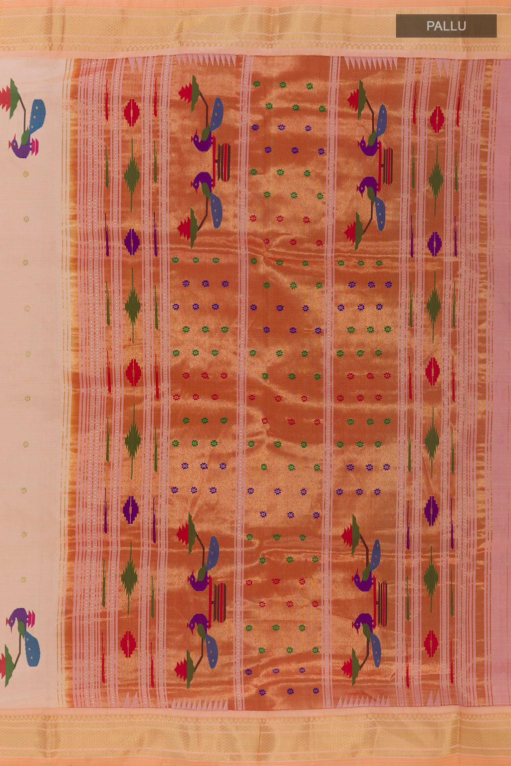Close up image of the pallu of Pure Silk Rose pink Paithani Saree with Zari Butta on the body and Zari Border. 