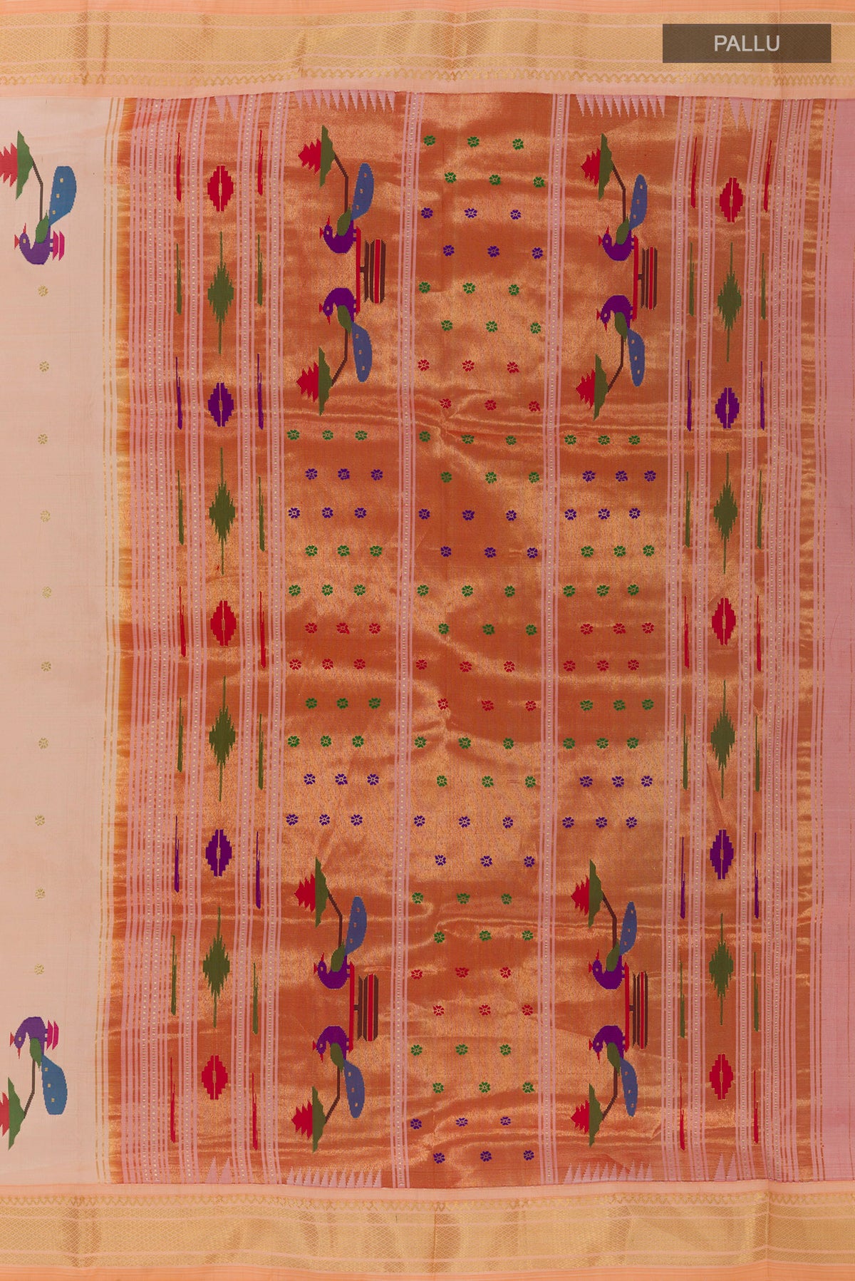 Close up image of the pallu of Pure Silk Rose pink Paithani Saree with Zari Butta on the body and Zari Border. 
