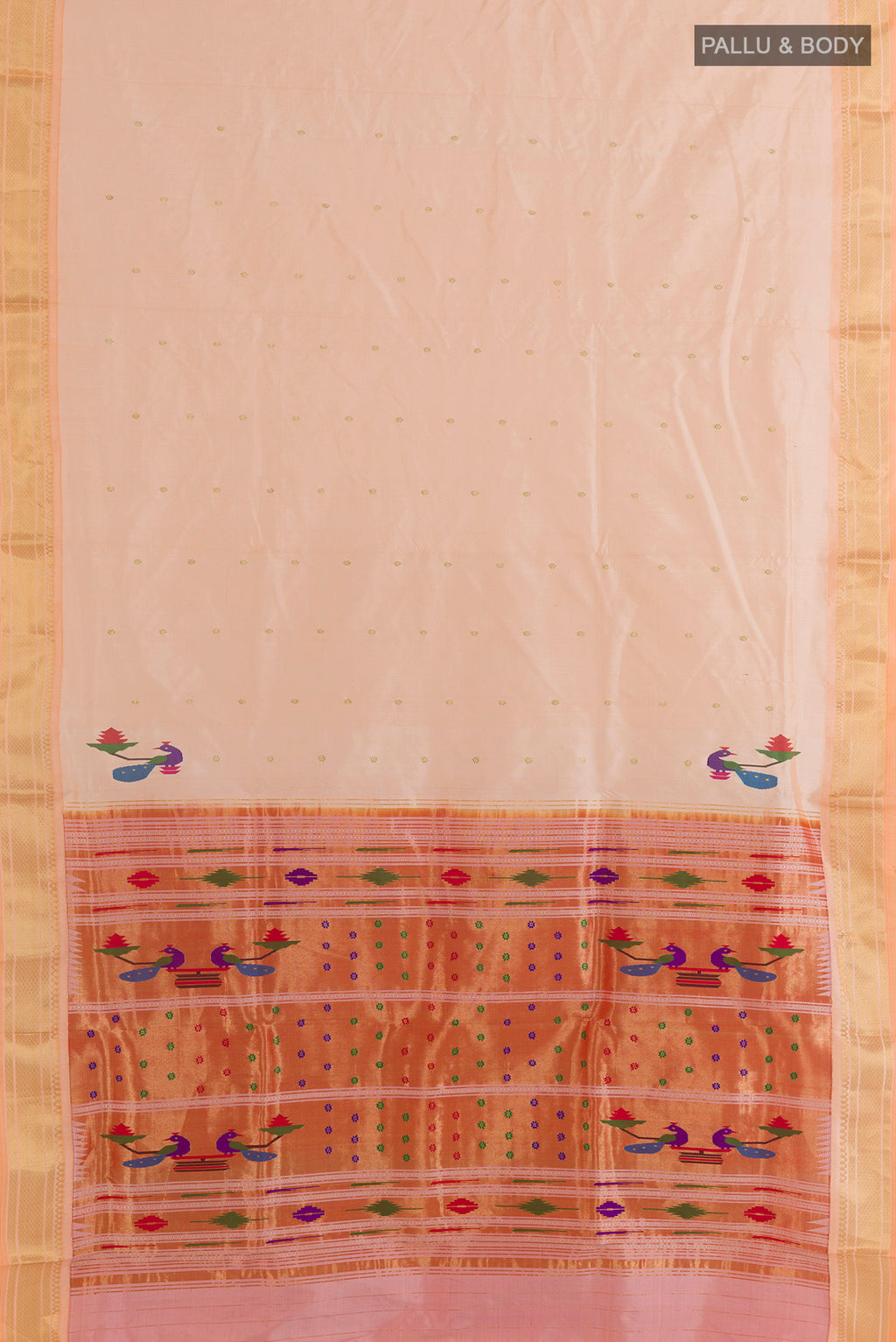 Flat view of Pure Silk Rose pink Paithani Saree with Zari Butta on the body and Zari Border. 