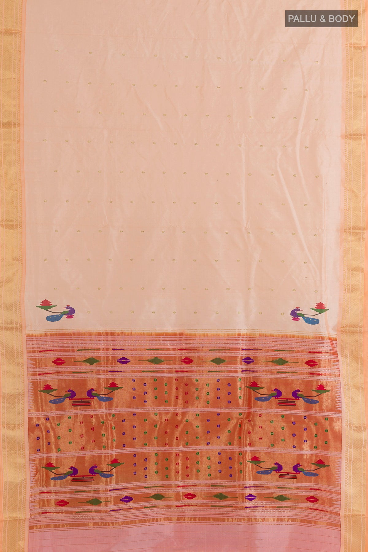Flat view of Pure Silk Rose pink Paithani Saree with Zari Butta on the body and Zari Border. 