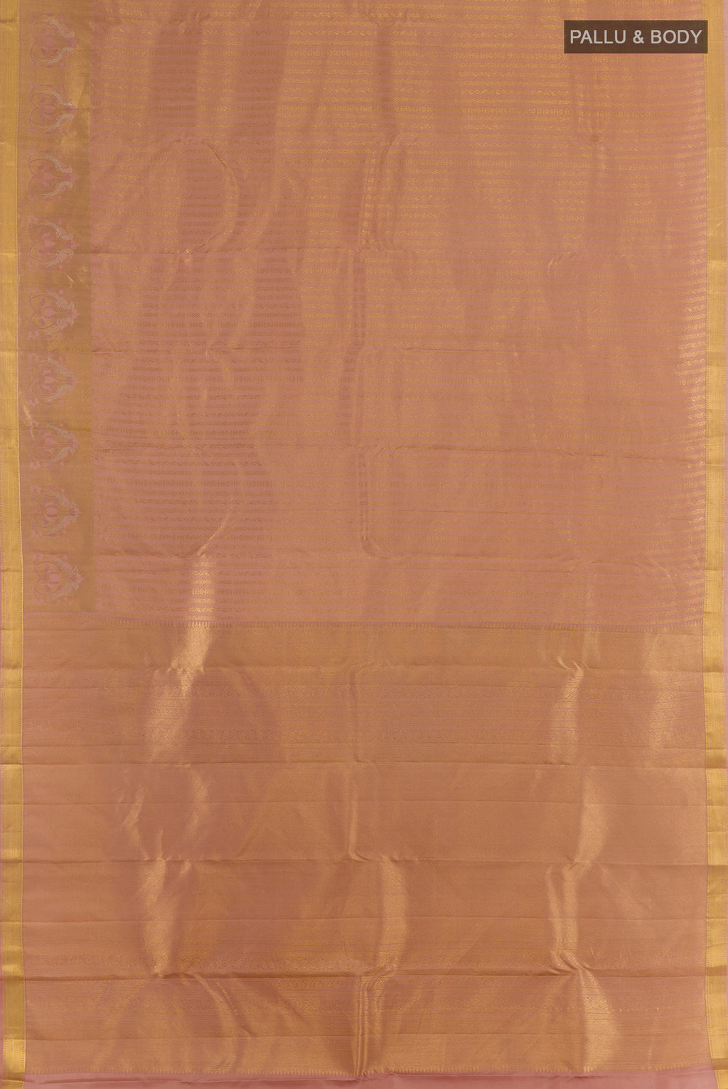 Flat view of Pure Silk Golden Kanchipuram Saree with Stripes on the body and Zari Border. 