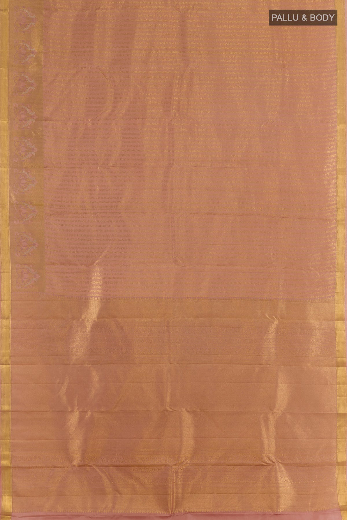 Flat view of Pure Silk Golden Kanchipuram Saree with Stripes on the body and Zari Border. 