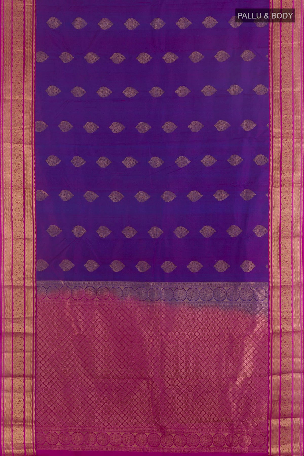 Flat view of Pure Silk Purple Kanjivaram Saree with Jacquard With Zari Butta on the body and Zari Border. 