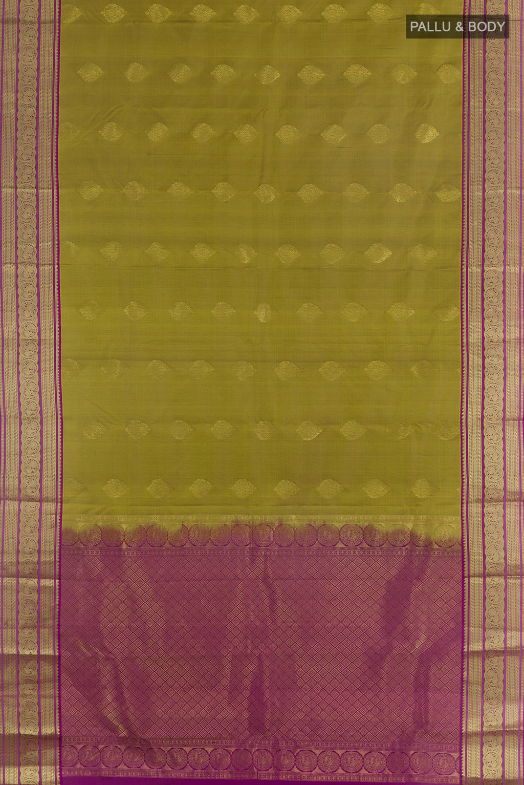 Flat view of Pure Silk Mehandi Green Kanchipuram Saree with Zari Butta on the body and Zari Border. 