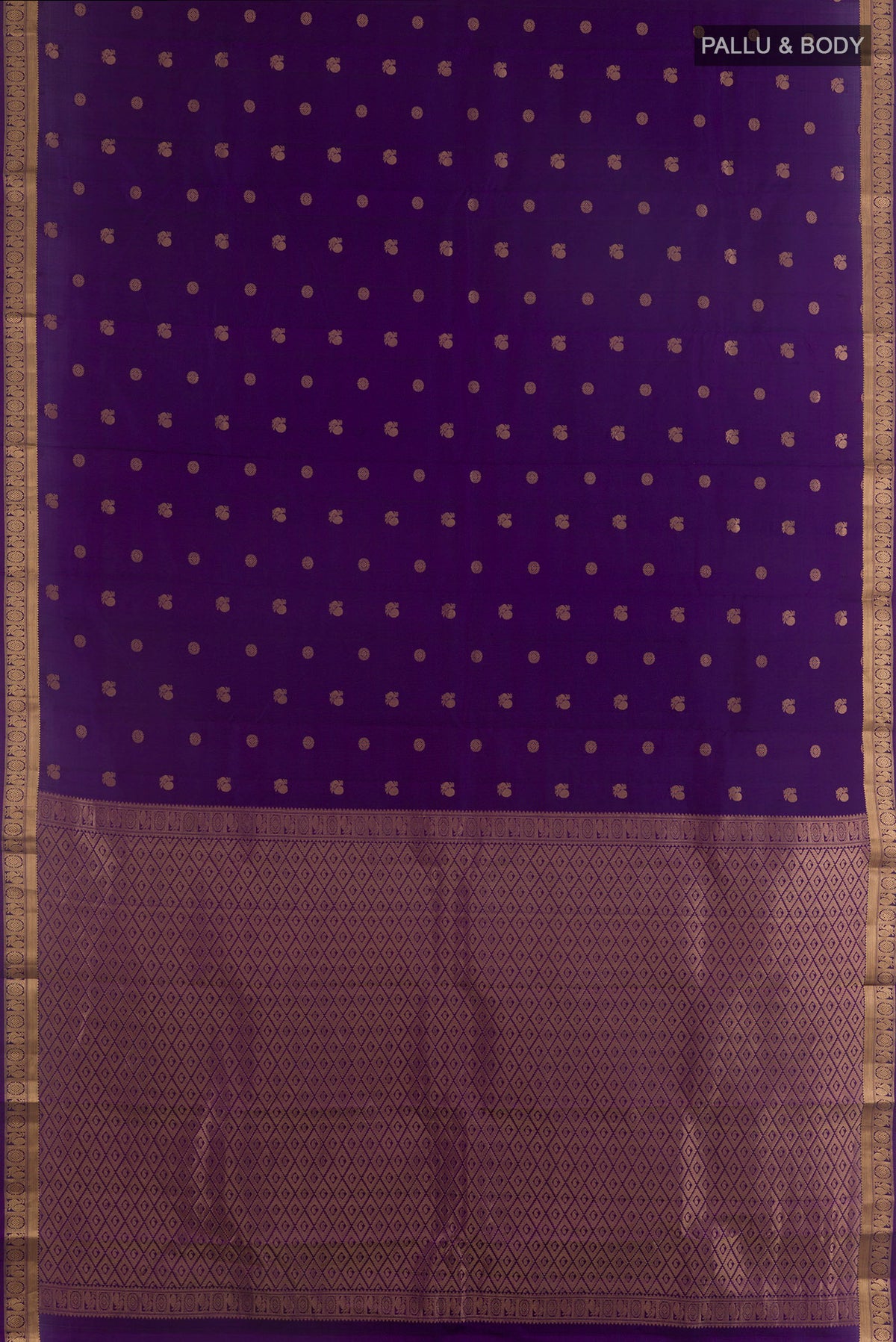 Flat view of Pure Silk Violet Kanchipuram Saree with Zari Butta on the body and Zari Border. 