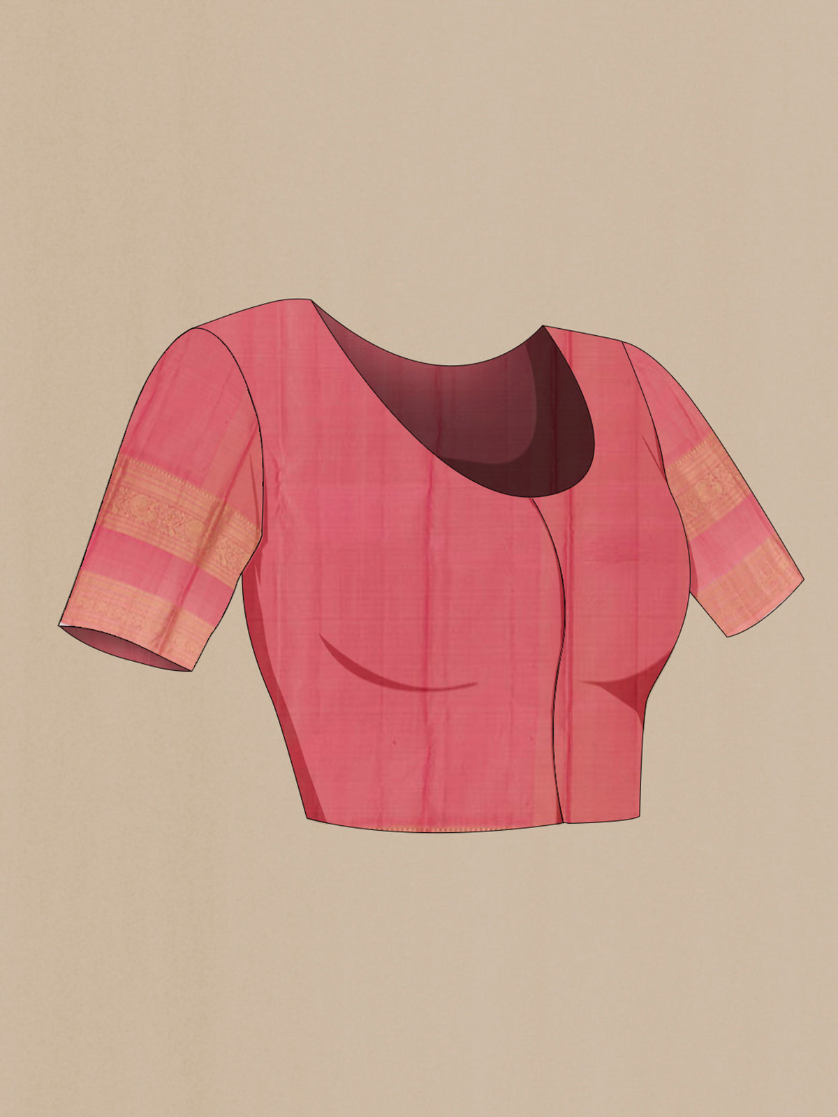 Close up image of the blouse of Pure Silk Pink Kanjivaram Saree with Zari Butta on the body and Zari Border. 