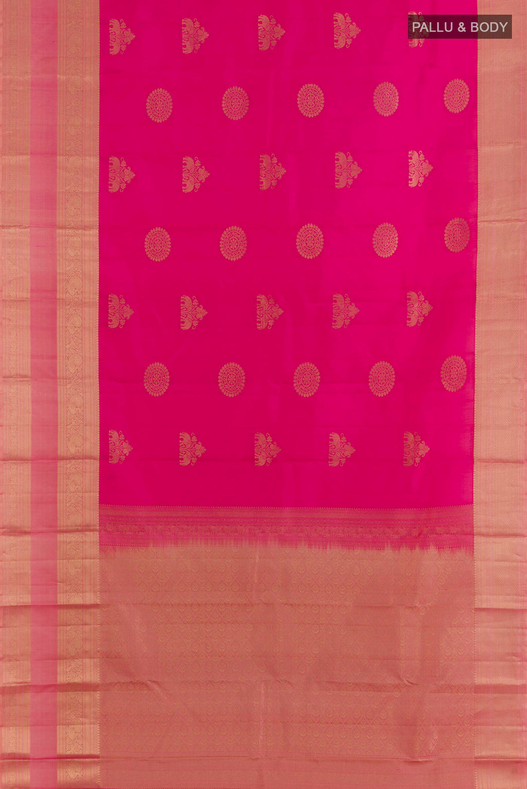 Flat view of Pure Silk Pink Kanjivaram Saree with Zari Butta on the body and Zari Border. 