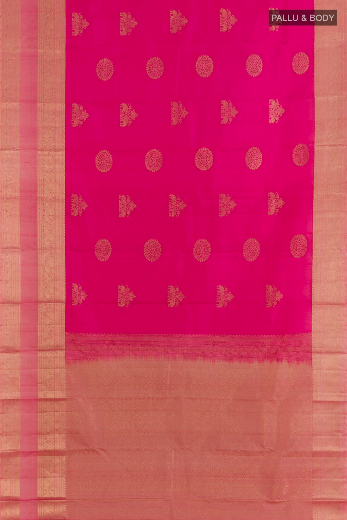 Flat view of Pure Silk Pink Kanjivaram Saree with Zari Butta on the body and Zari Border. 