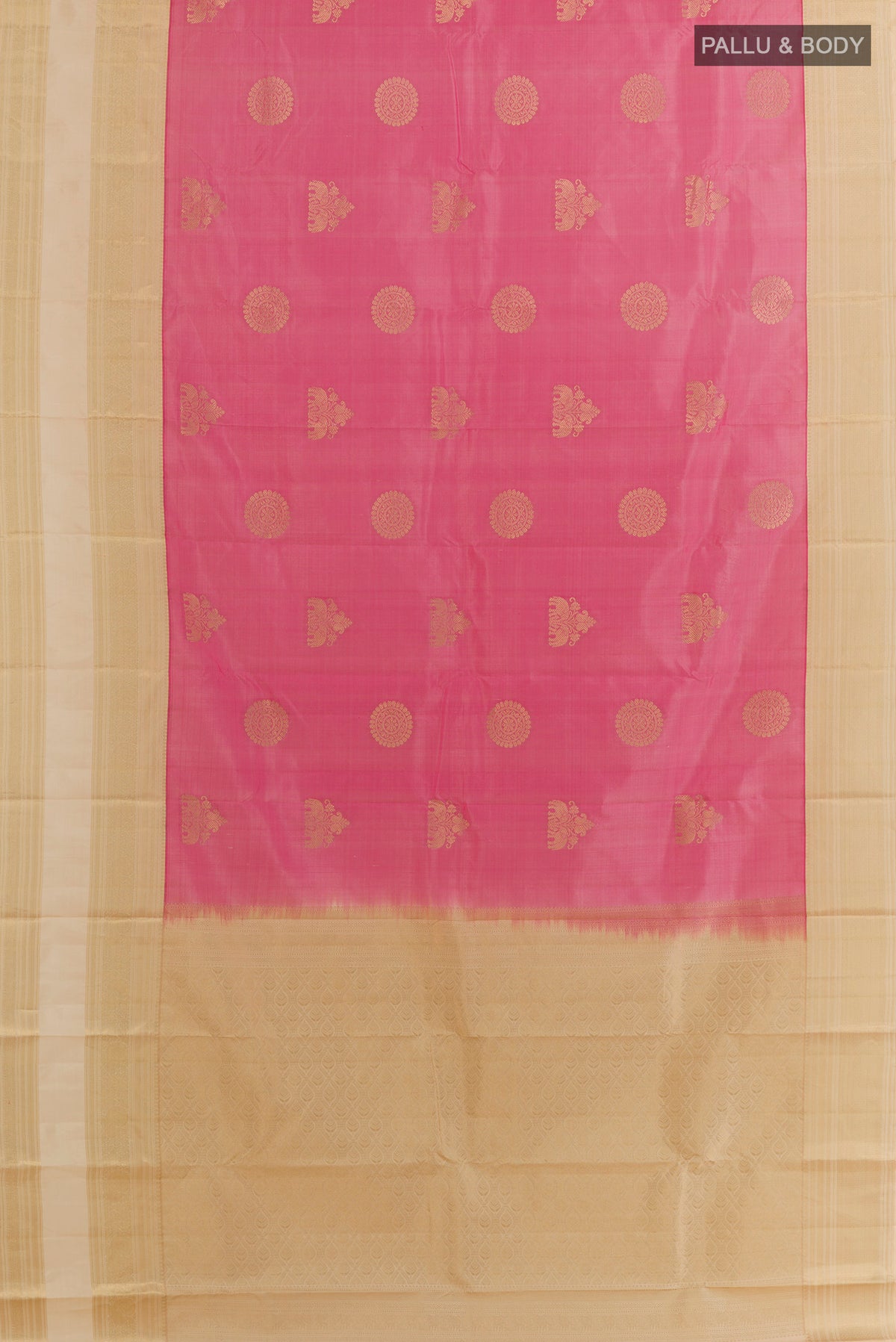 Flat view of Pure Silk Pink Kanjivaram Saree with Zari Butta on the body and Zari Border. 