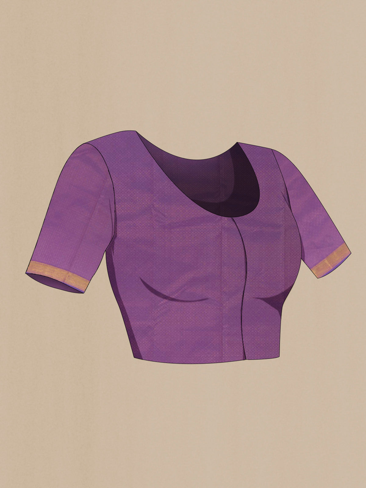 Close up image of the blouse of Pure Silk Lavender Kanchipuram Saree with Zari Brocade on the body and Zari Border. 