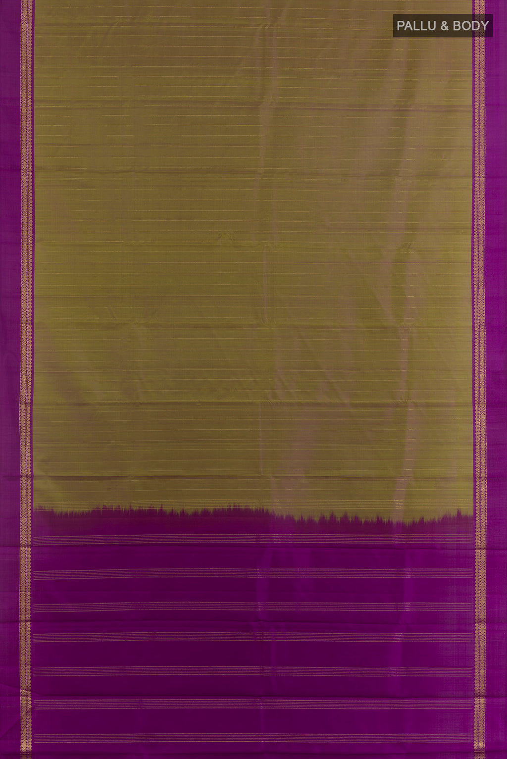 Flat view of Pure Silk Mehandi Green Kanjivaram Saree with Checked design on the body and Zari Border. 