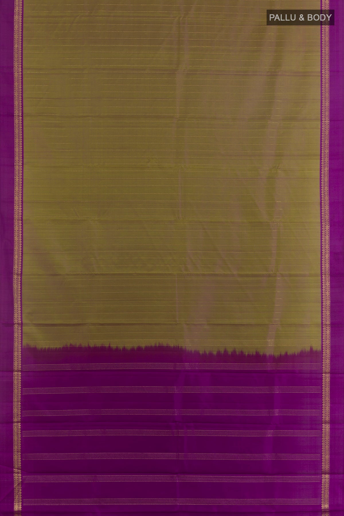 Flat view of Pure Silk Mehandi Green Kanjivaram Saree with Checked design on the body and Zari Border. 