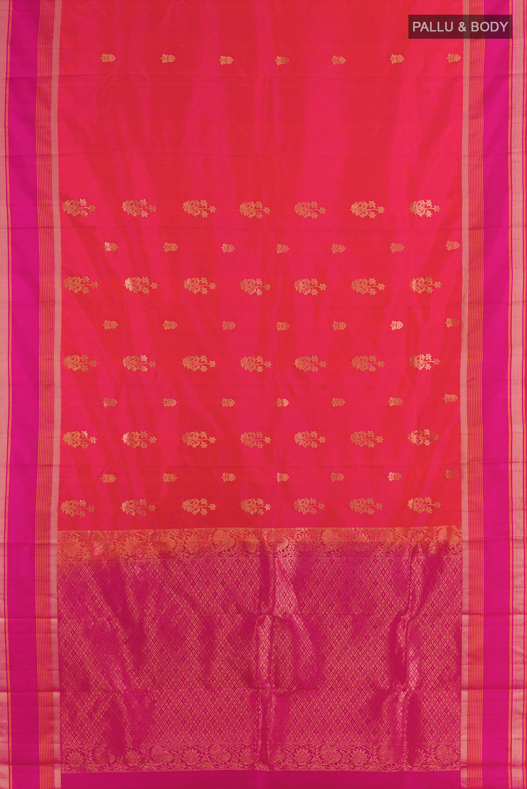 Flat view of Pure Silk Coral Kanchipuram Saree with Zari Butta on the body and Zari Border. 