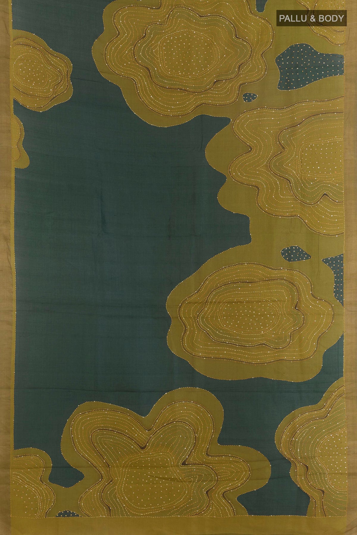 Flat view of Bottle Green Tussar Saree with Embroidered on the body and Zari Border. 