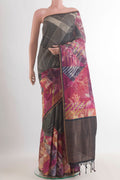 Multi Color Tussar Saree with Printed design on the body and Embroidered Border.  displayed on a mannequin