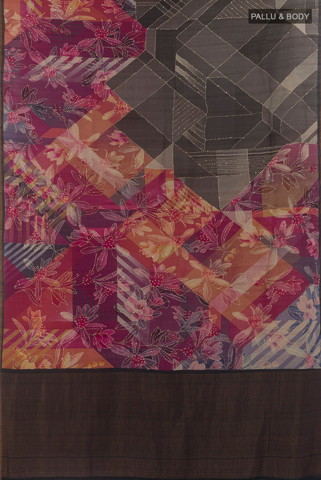 Flat view of Multi Color Tussar Saree with Printed design on the body and Embroidered Border. 