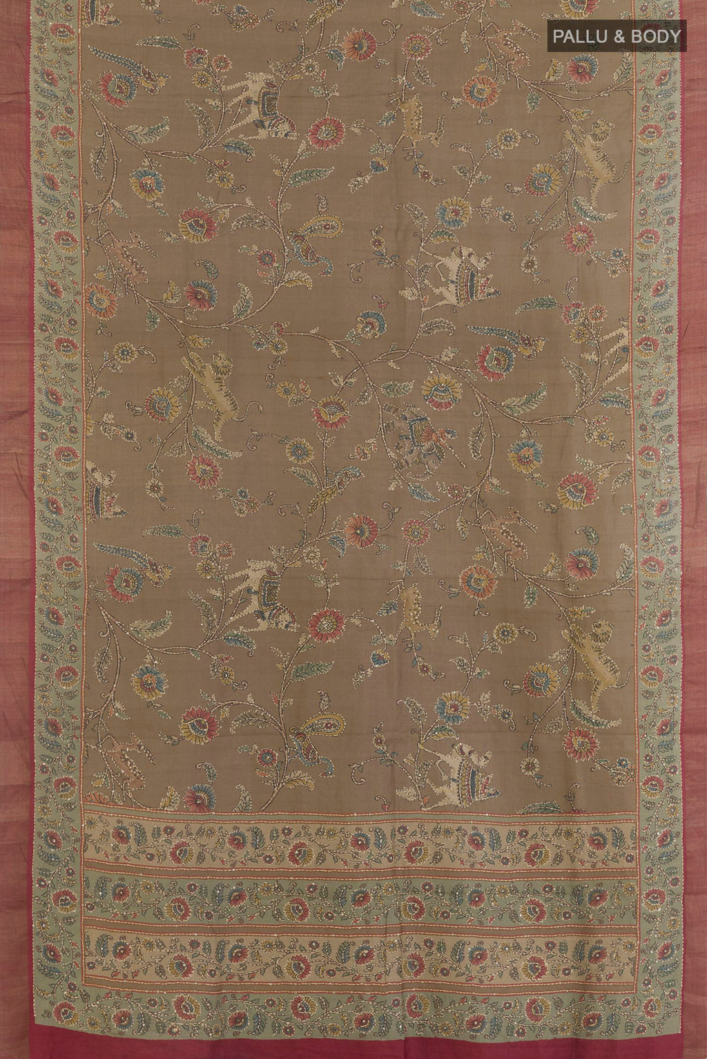 Flat view of Beige Tussar Saree with Embroidered on the body and Embroidered Border. 