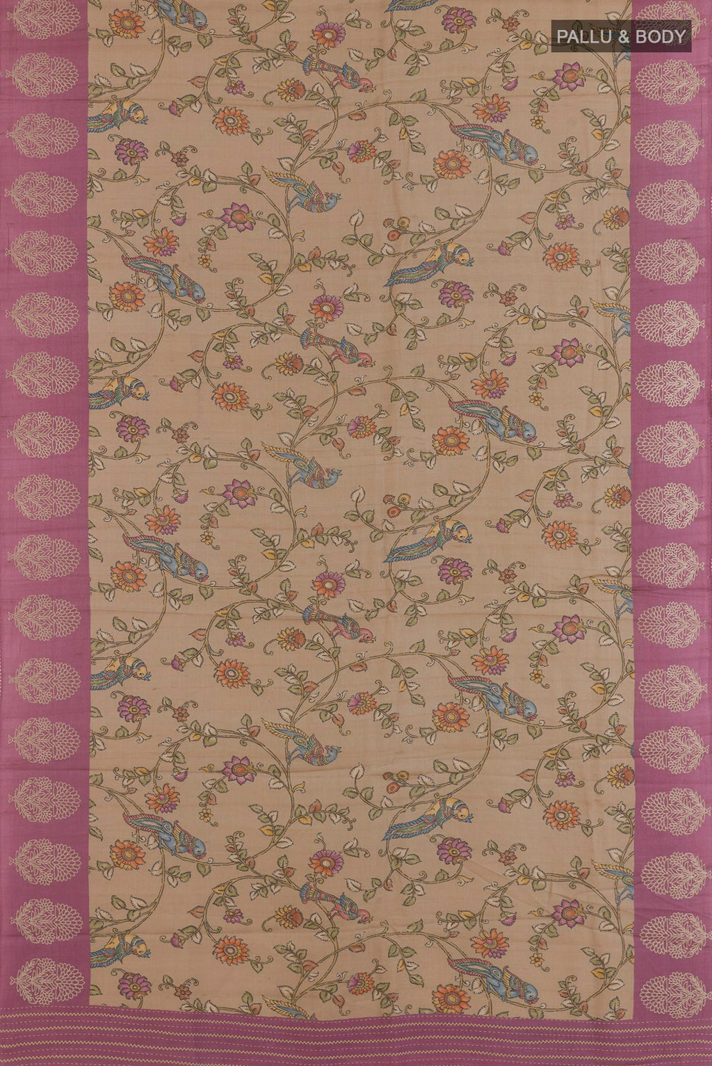 Flat view of Beige Tussar Saree with Printed design on the body and Embroidered Border. 