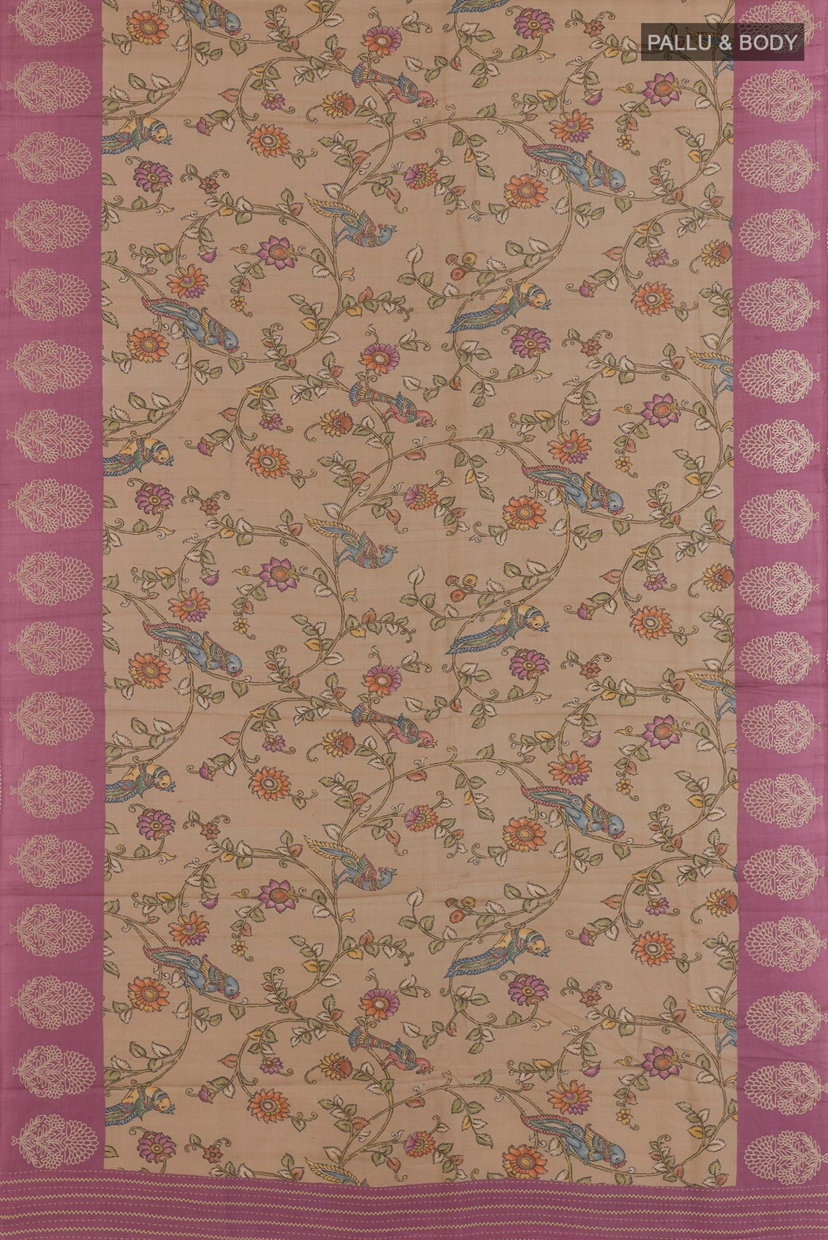 Flat view of Beige Tussar Saree with Printed design on the body and Embroidered Border. 