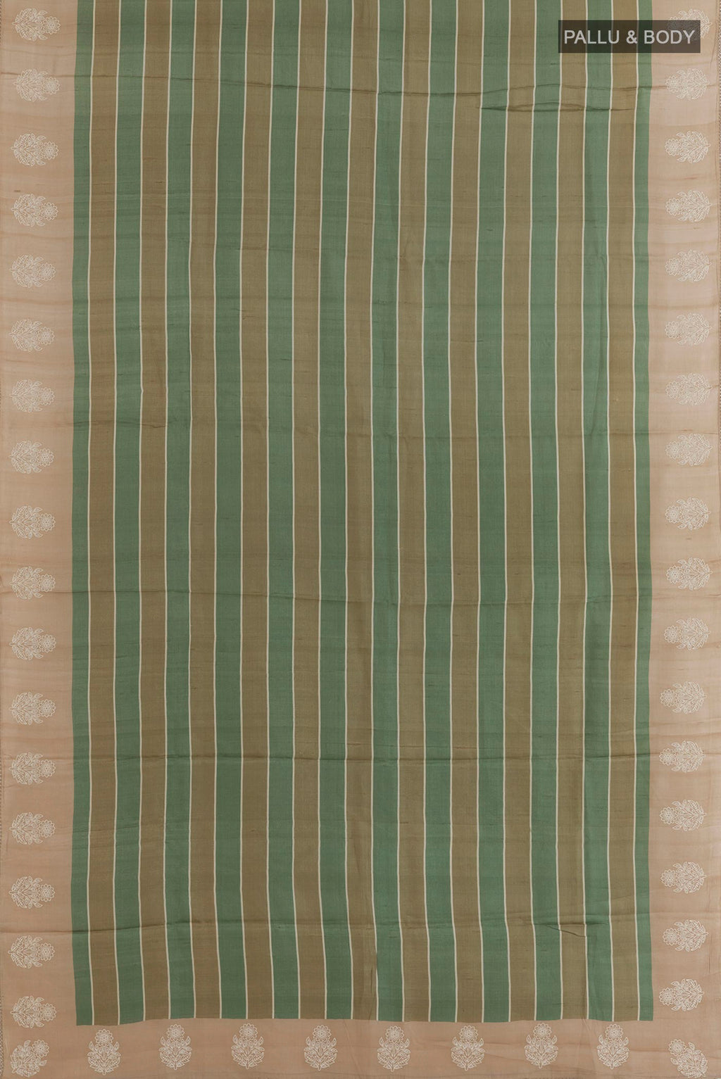 Flat view of Green Tussar Saree with Stripes on the body and Embroidered Border. 
