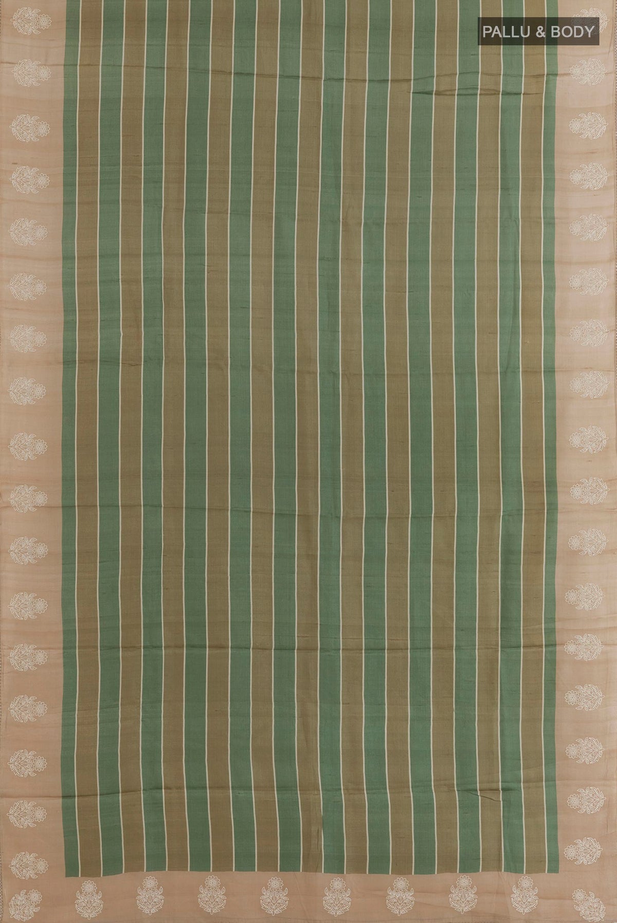Flat view of Green Tussar Saree with Stripes on the body and Embroidered Border. 