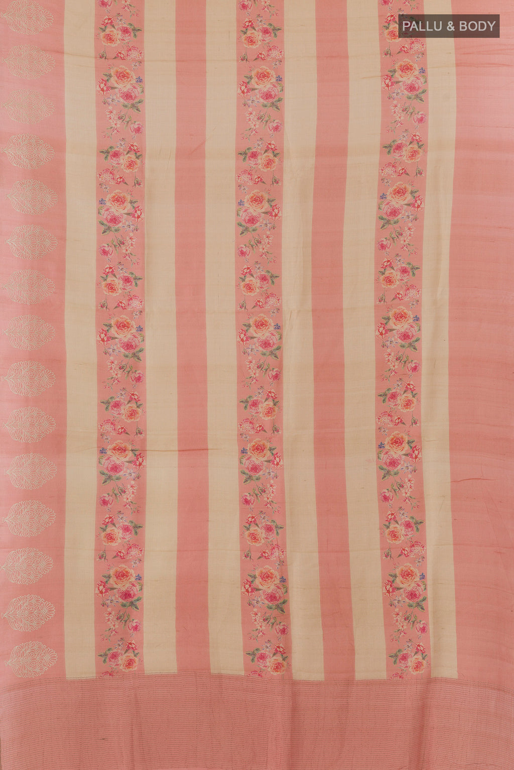 Flat view of Pink Tussar Saree with Stripes on the body and Embroidered Border. 