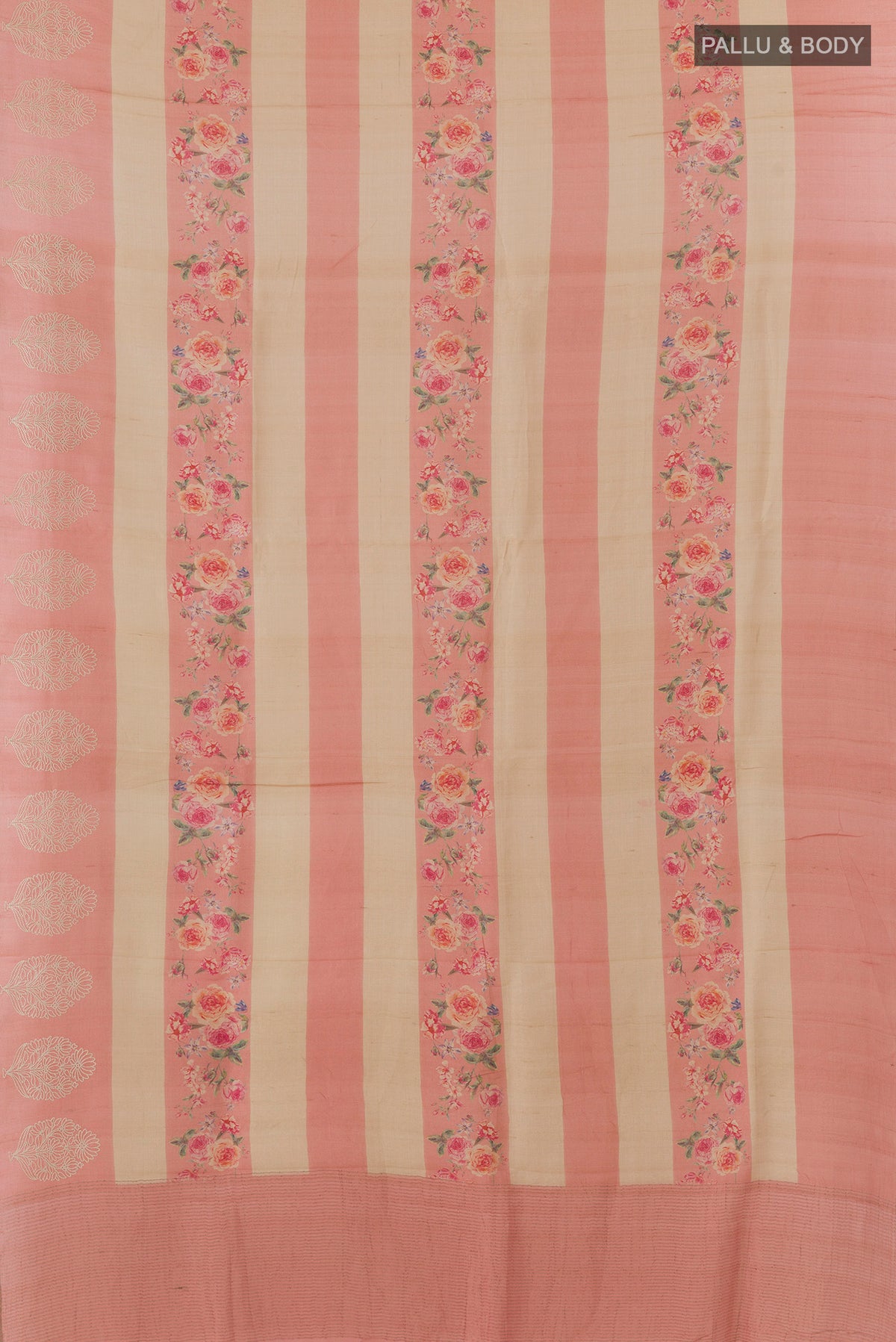 Flat view of Pink Tussar Saree with Stripes on the body and Embroidered Border. 