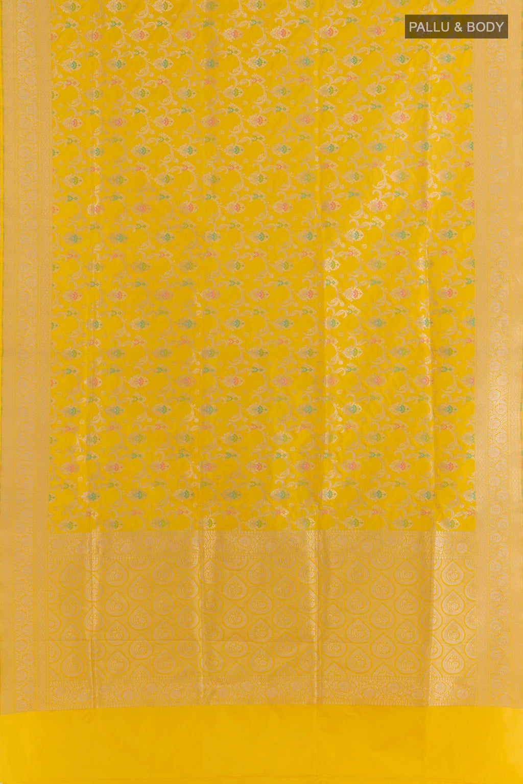 Flat view of Pure Silk Yellow Banarasi Saree with Zari Brocade on the body and Zari Border. 