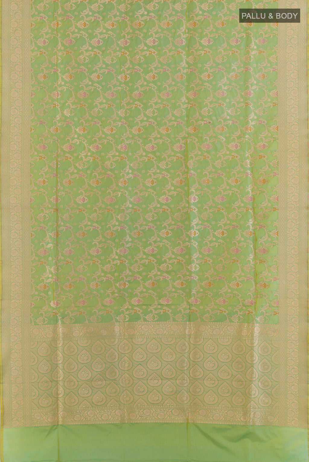 Flat view of Pure Silk Green Banarasi Saree with Zari Brocade on the body and Zari Border. 
