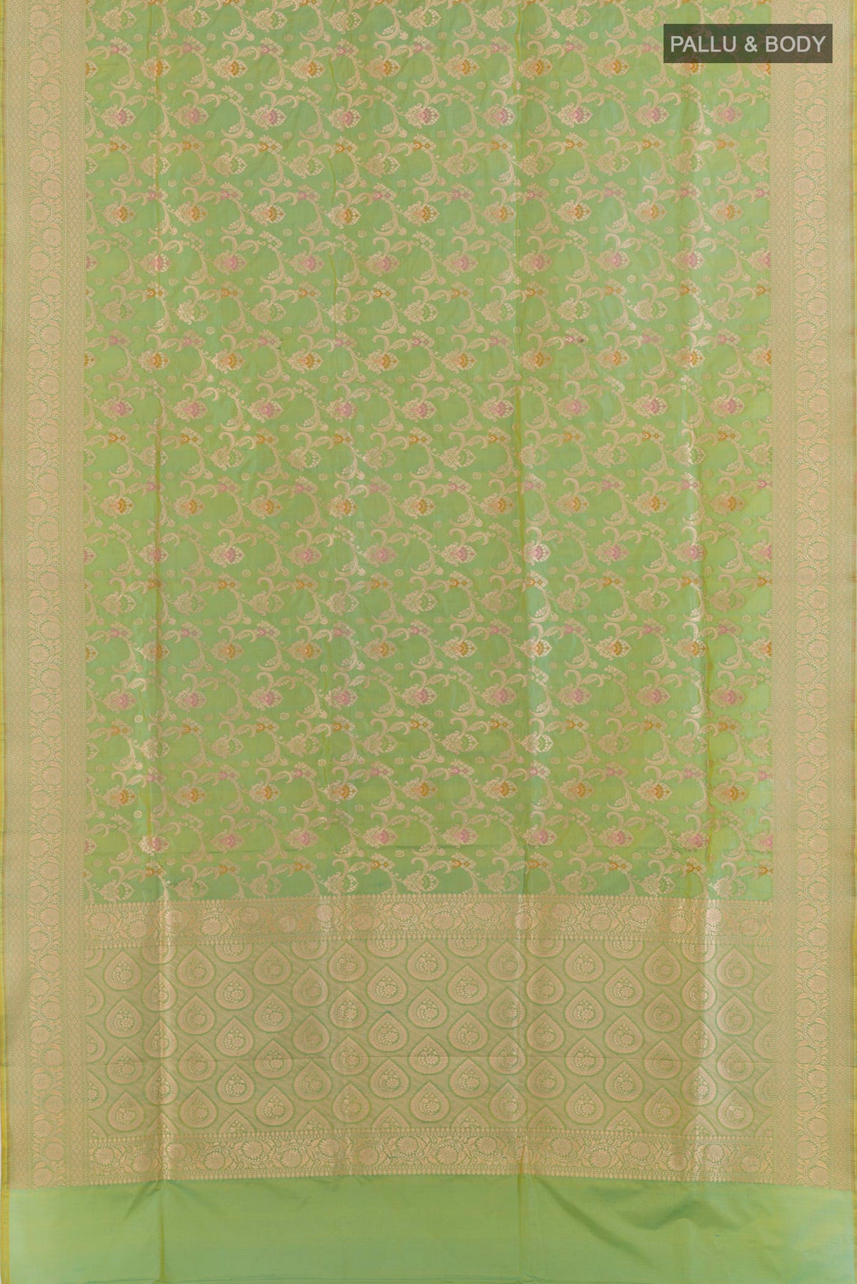 Flat view of Pure Silk Green Banarasi Saree with Zari Brocade on the body and Zari Border. 