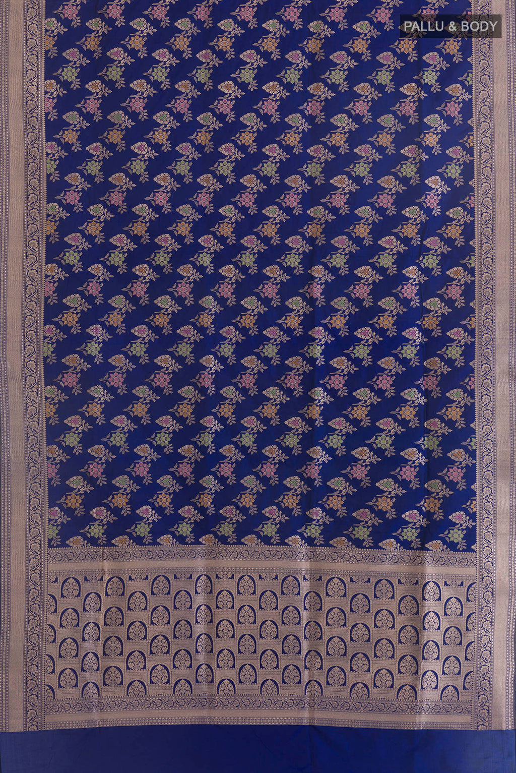 Flat view of Pure Silk Blue Banarasi Saree with Zari Brocade on the body and Zari Border. 