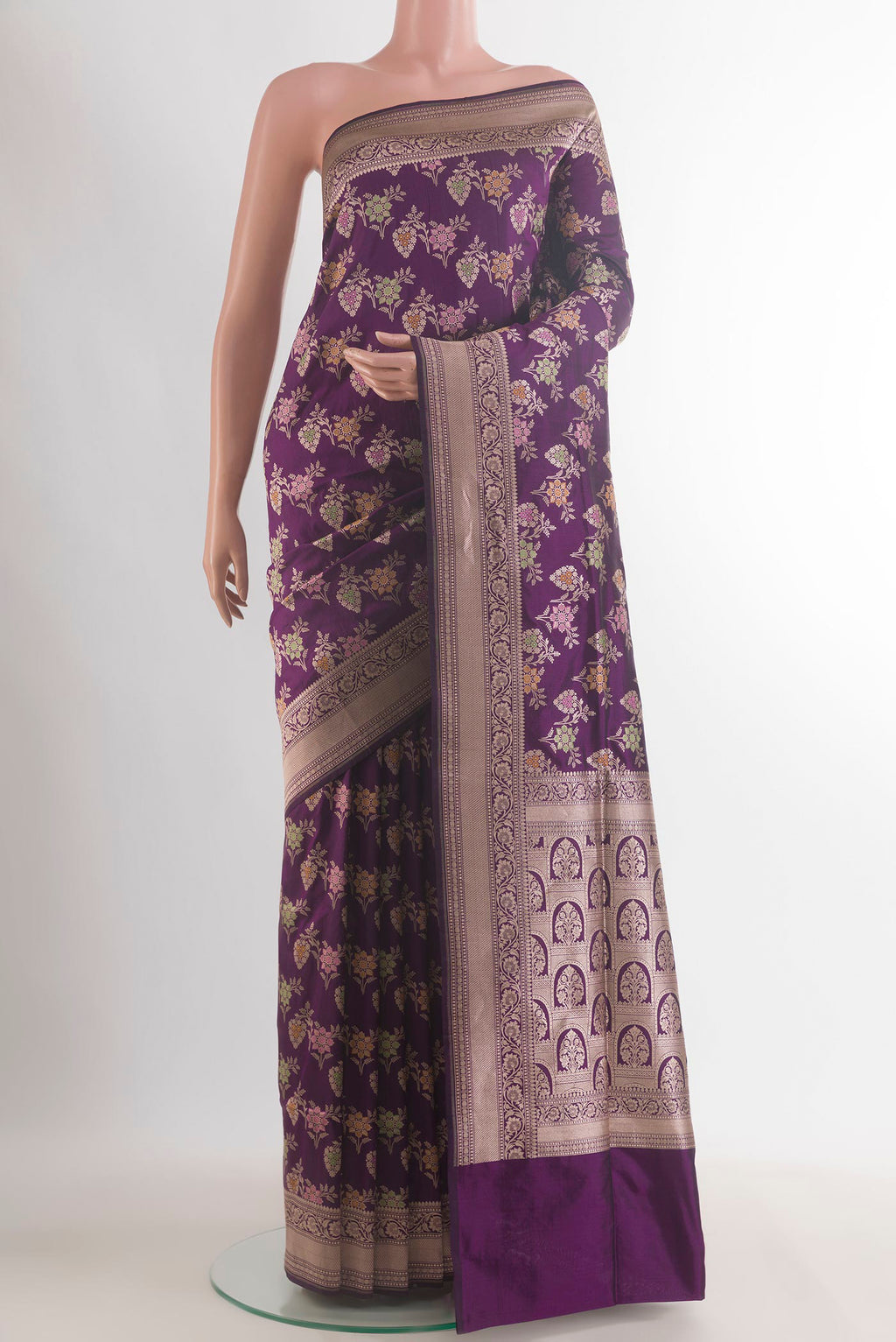 Pure Silk Purple Banarasi Saree with Zari Brocade on the body and Zari Border.  displayed on a mannequin
