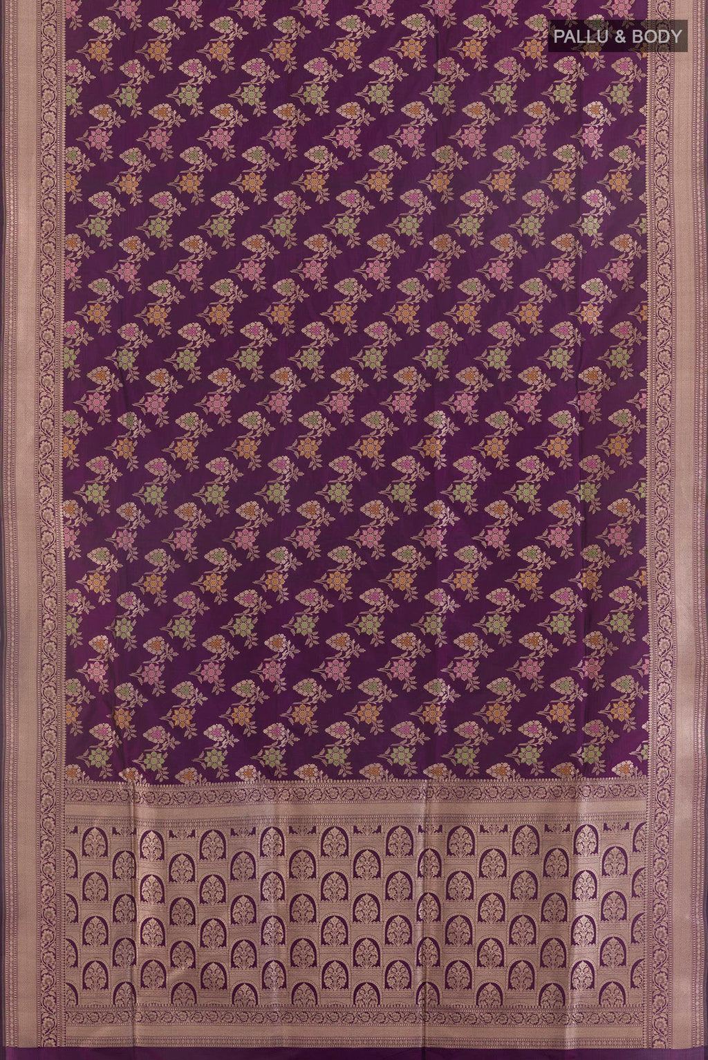 Flat view of Pure Silk Purple Banarasi Saree with Zari Brocade on the body and Zari Border. 