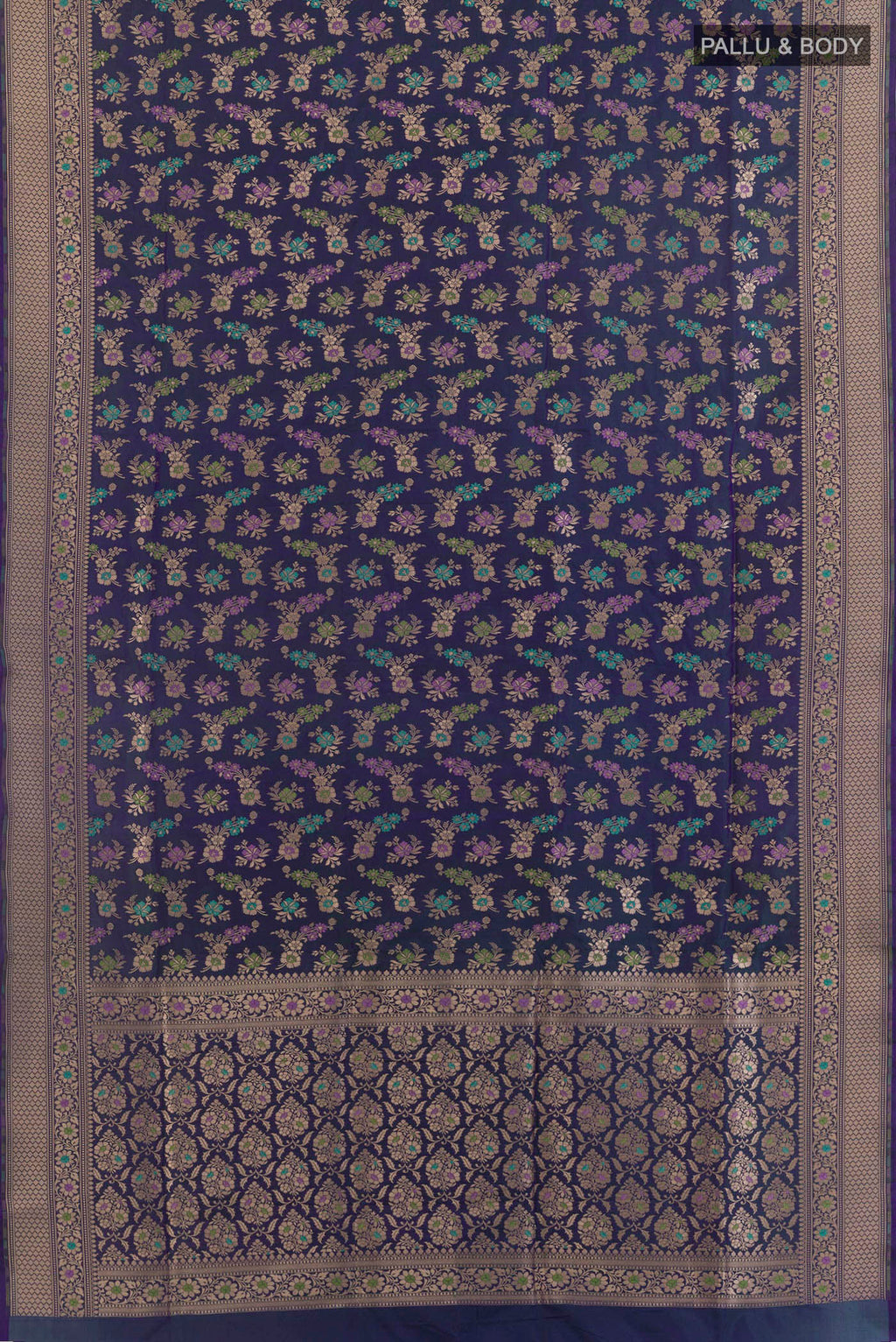 Flat view of Pure Silk Peacock Blue Dual Tone Banarasi Saree with Zari Butta on the body and Zari Border. 
