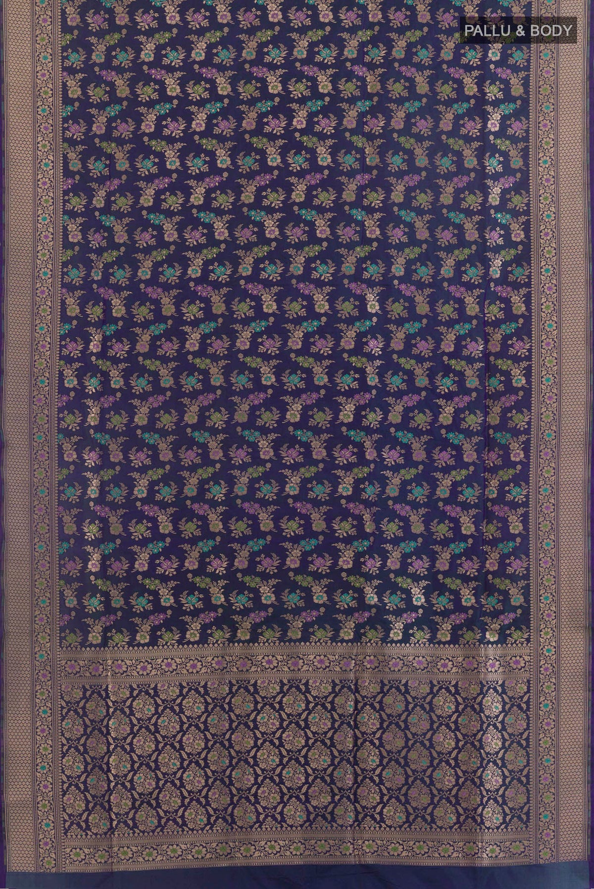 Flat view of Pure Silk Peacock Blue Dual Tone Banarasi Saree with Zari Butta on the body and Zari Border. 