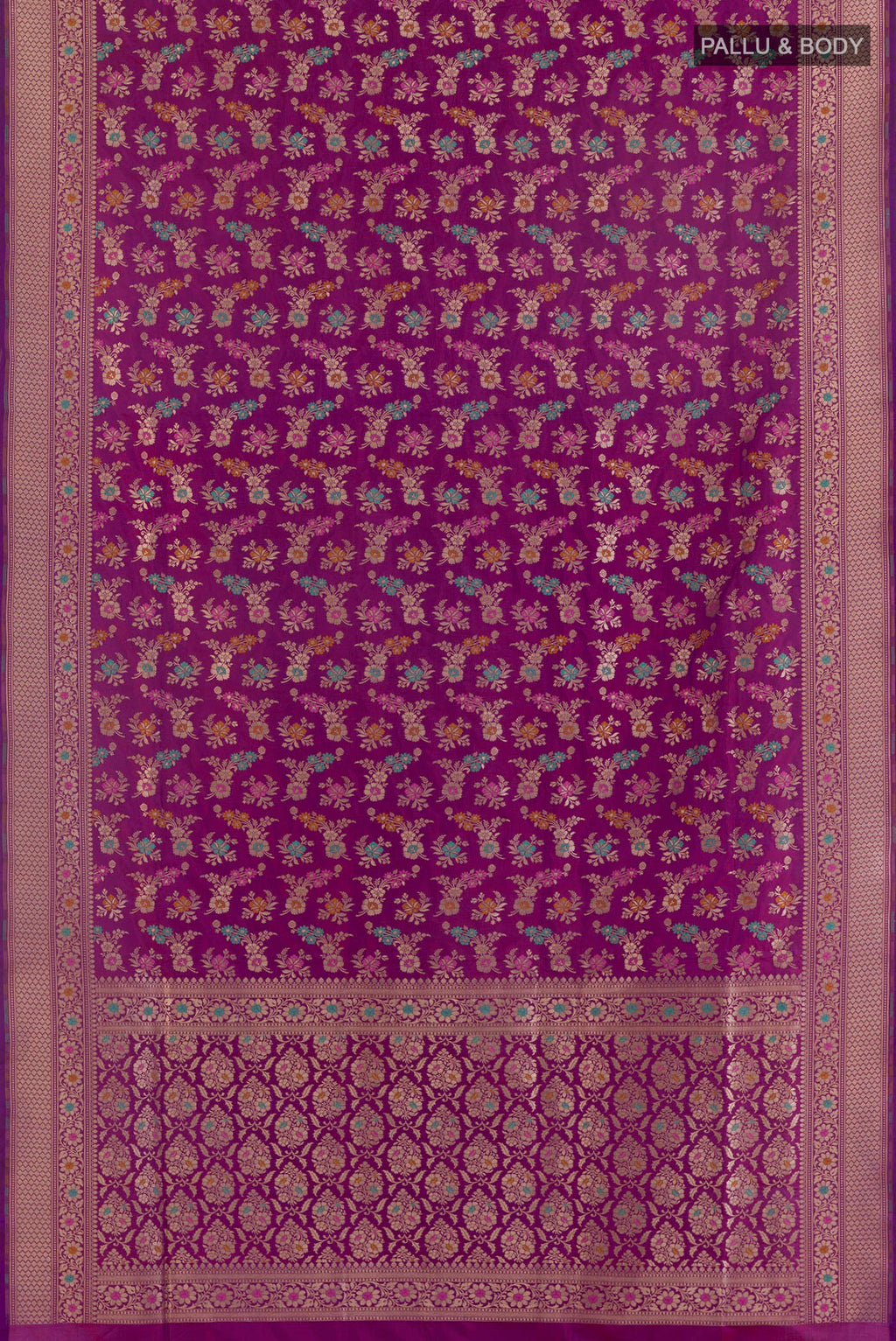 Flat view of Pure Silk Purple Banarasi Saree with Zari Brocade on the body and Zari Border. 